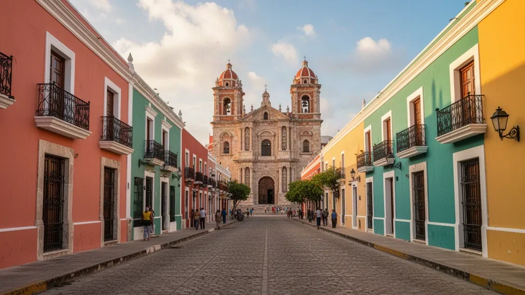 Pastellfarbene Kolonialgebäude und die Kathedrale im historischen Zentrum von Campeche, Mexiko, die im warmen Licht der goldenen Stunde erstrahlen.