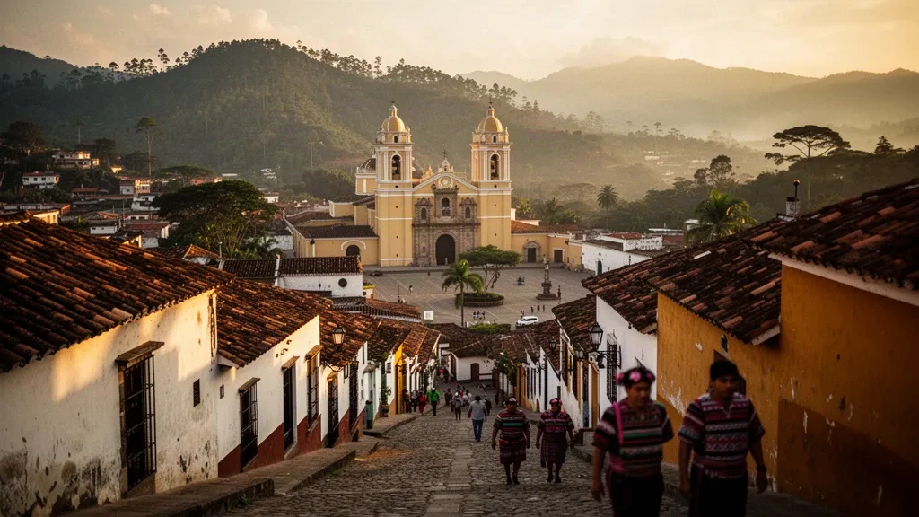 San Cristóbal de las Casas, Chiapas üzerinde altın saat manzarası; sömürge dönemi çatıları, katedral ve arkasında yeşil dağlar