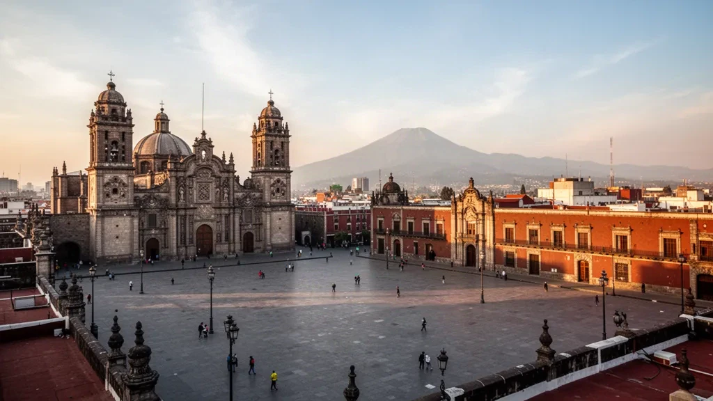 Golden-hour view over Mexico City's Zócalo plaza with the Metropolitan Cathedral and historic centre skyline