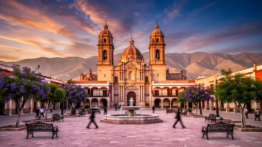 Blick zur goldenen Stunde auf die Plaza de Armas und die Kathedrale von Santiago in Saltillo, Coahuila de Zaragoza, Mexiko, mit der Sierra Madre Oriental im Hintergrund.