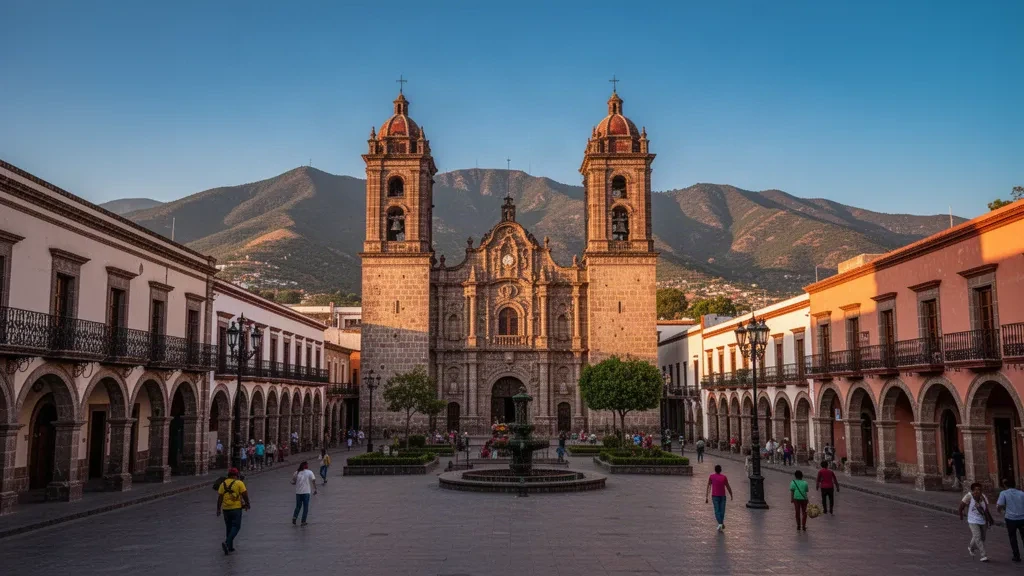 Golden-hour view of Durango, Mexico, featuring the Catedral Basílica and Plaza de Armas with the Sierra Madre foothills beyond.