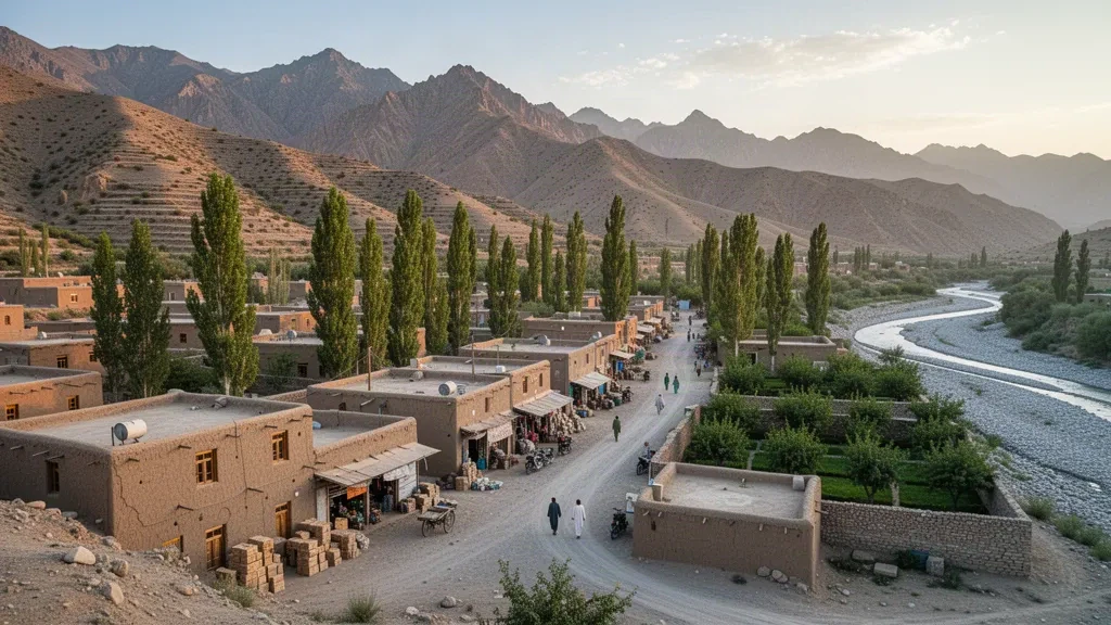 Casas de adobe y álamos en Sharana, provincia de Paktika, Afganistán, enmarcados por escarpadas montañas áridas bajo una cálida luz de tarde.