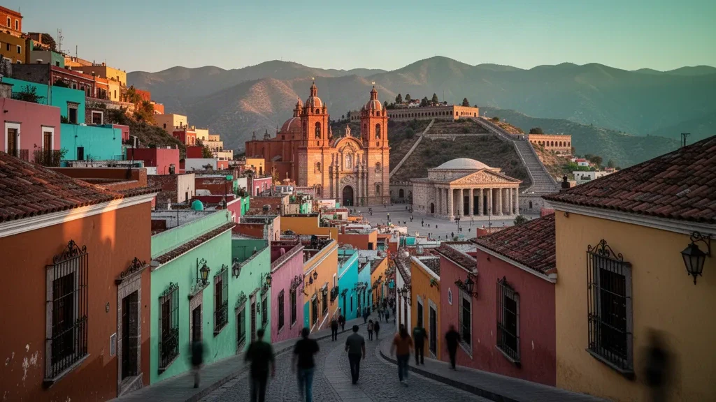 Farbenfrohe Häuser an den Hängen von Guanajuato, Mexiko, die in der goldenen Stunde leuchten, mit den Türmen der Basílica und den Kopfsteinpflastergassen der Kolonialstadt darunter