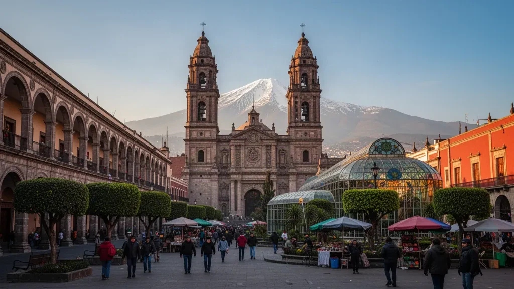 Veduta all'ora dorata della Plaza de los Mártires di Toluca de Lerdo con le torri della cattedrale e i portici di Los Portales nello Stato del Messico, Messico