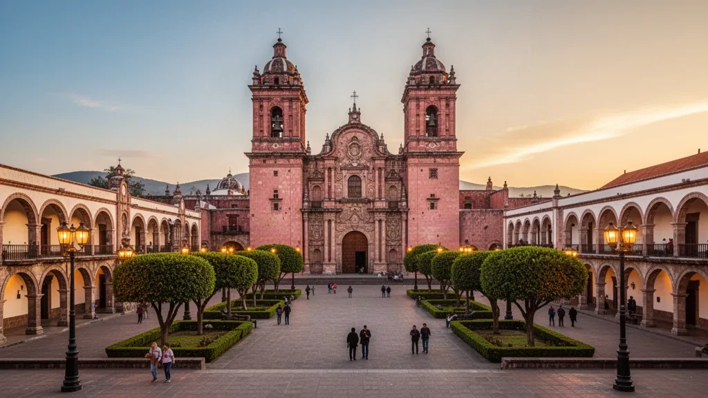 Cathédrale de Morelia et Plaza de Armas dans le Michoacán, au Mexique, rayonnantes à l'heure dorée avec une architecture coloniale et la vie nocturne des rues
