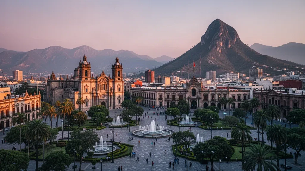 Vue à l'heure dorée sur la Macroplaza de Monterrey, dans le Nuevo León, au Mexique, avec la cathédrale et le Cerro de la Silla en arrière-plan