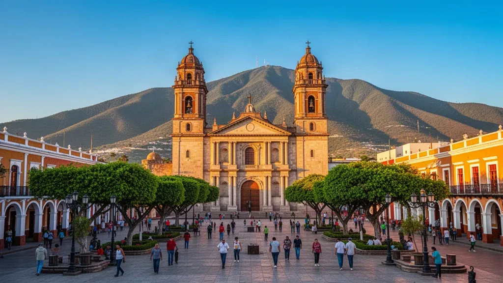 Kathedrale von Tepic und Plaza Principal in Nayarit, Mexiko, zur goldenen Stunde mit Bergen im Hintergrund.