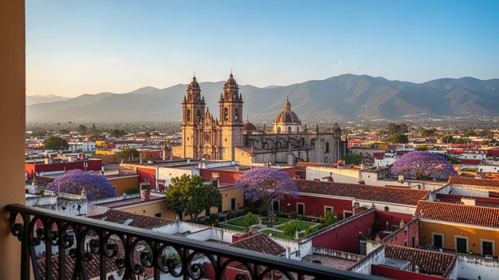 Vista durante la hora dorada sobre los tejados coloniales hacia el Templo de Santo Domingo de Guzmán en Oaxaca de Juárez, México