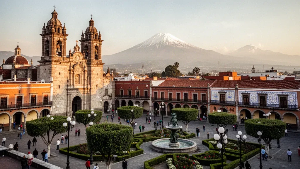 Golden-hour view of Puebla Cathedral and the Zócalo plaza with colonial arcades and talavera-tiled facades in Puebla, Mexico