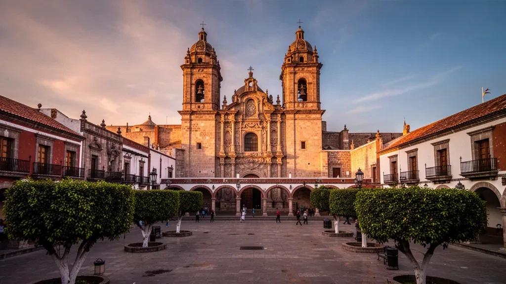 Vue à l'heure dorée sur la cathédrale de San Luis Potosí et la Plaza de Armas à arcades, dans le centre historique colonial du Mexique