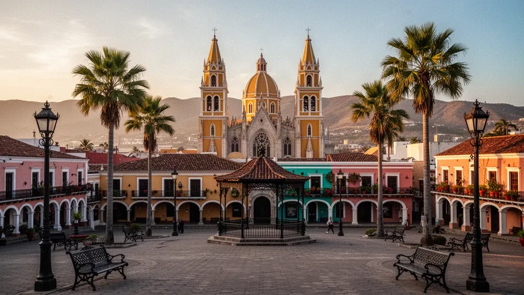Mazatlán'ın tarihi merkezinin, bazilika kulelerinin ve palmiye ağaçlı meydanının altın saat manzarası, Sinaloa, Meksika