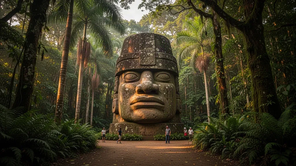 Villahermosa, Tabasco'daki Parque Museo La Venta'da gür tropikal orman bitki örtüsüyle çevrili Olmek dev taş baş heykeli