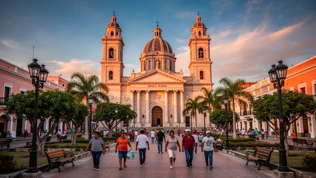 Vue à l'heure dorée de la cathédrale de Tampico et de la Plaza de Armas dans le Tamaulipas, au Mexique, avec des passants flânant dans le centre historique.
