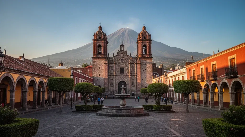 Historisches Kolonialzentrum von Tlaxcala, Mexiko, mit den Arkaden am Kathedralenplatz und dem Vulkan La Malinche zur goldenen Stunde