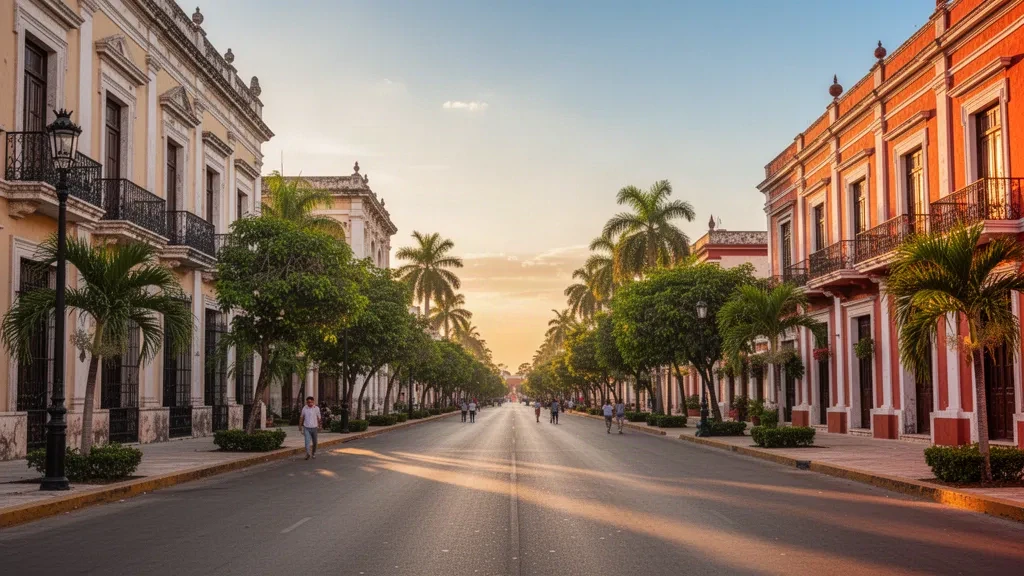 Paseo de Montejo in Mérida, Yucatán, lined with colonial mansions and tropical greenery at golden hour.