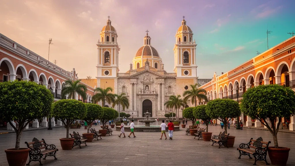 Cathédrale de Veracruz et Plaza de la Constitución dans le centre portuaire historique de Veracruz, au Mexique, baignés d'une chaude lumière de fin d'après-midi