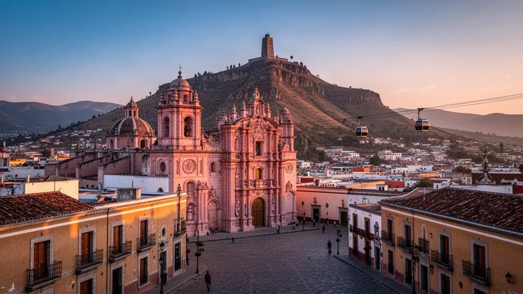 Zacatecas tarihi merkezinde altın saatlerde parlayan pembe taş Barok katedral ve sömürge dönemi çatıları, Meksika