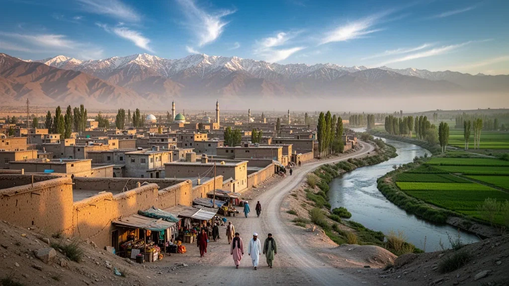 Taloqan city in Takhar Province, Afghanistan, spread across a river valley with mud-brick rooftops and the Hindu Kush foothills at golden hour
