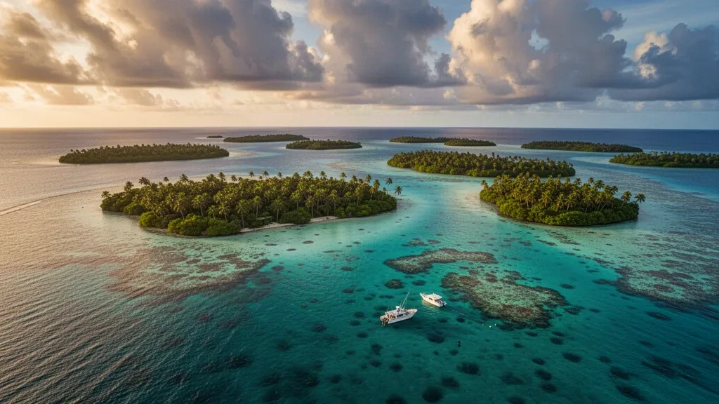 Luftaufnahme der Chuuk-Lagune in Mikronesien mit türkisfarbenem Wasser, Korallenriffen und üppigen tropischen Inseln zur goldenen Stunde.