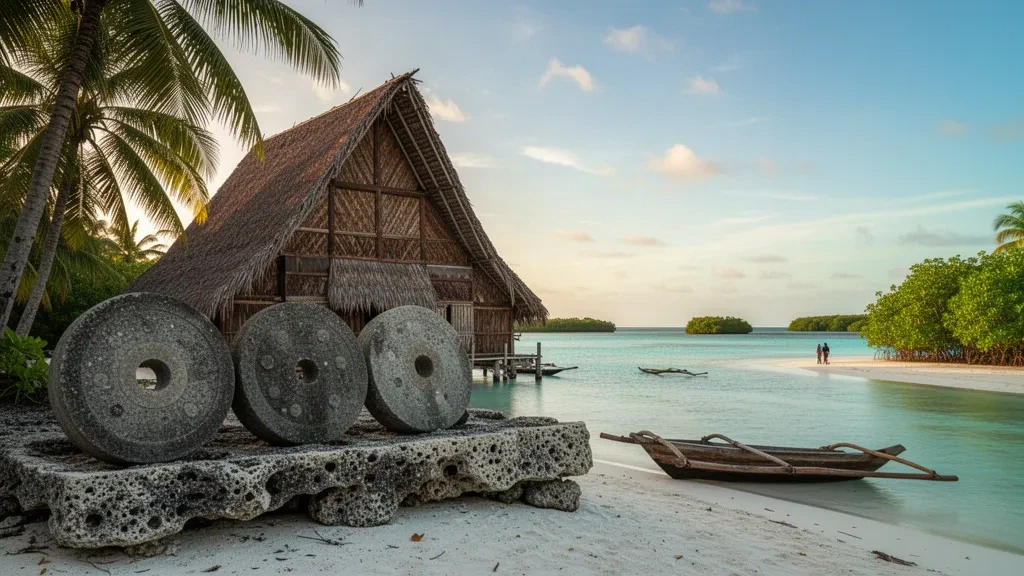 Casa tradicional de hombres con techo de paja y discos de dinero de piedra junto a la laguna turquesa de Yap en Micronesia