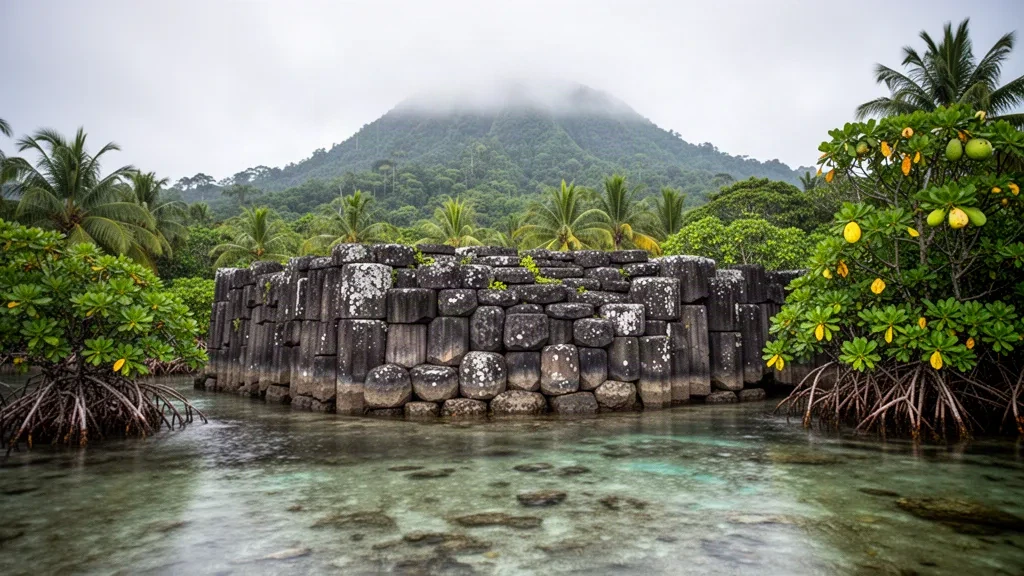 Antiche mura di colonne basaltiche di Nan Madol che emergono da una calma laguna tropicale a Pohnpei, Micronesia, circondate da mangrovie e foresta pluviale