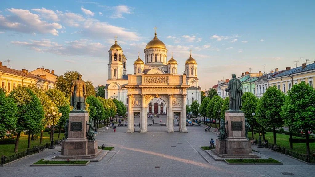 Stephen-the-Great-Denkmal, Triumphbogen und Geburtskathedrale im Zentrum von Chișinău, Moldawien, zur goldenen Stunde.