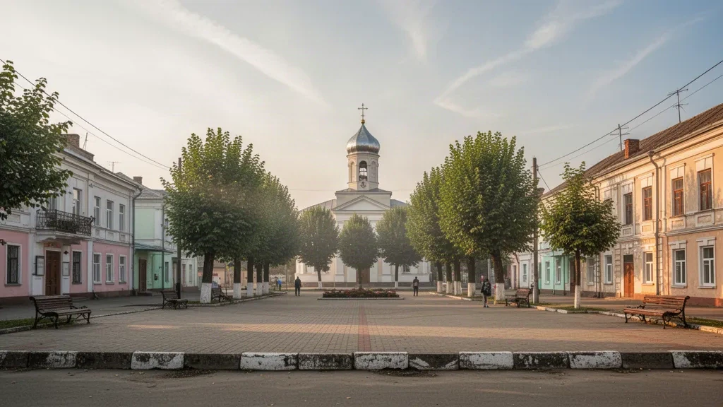 Central square of Taraclia, Moldova, framed by pastel civic buildings, an Orthodox church dome and tree-lined avenues in warm evening light