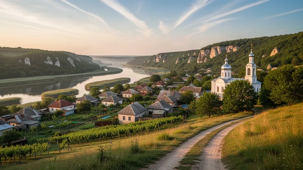 Green hills and the Raut River valley surrounding the Moldovan town of Telenesti in warm golden-hour light