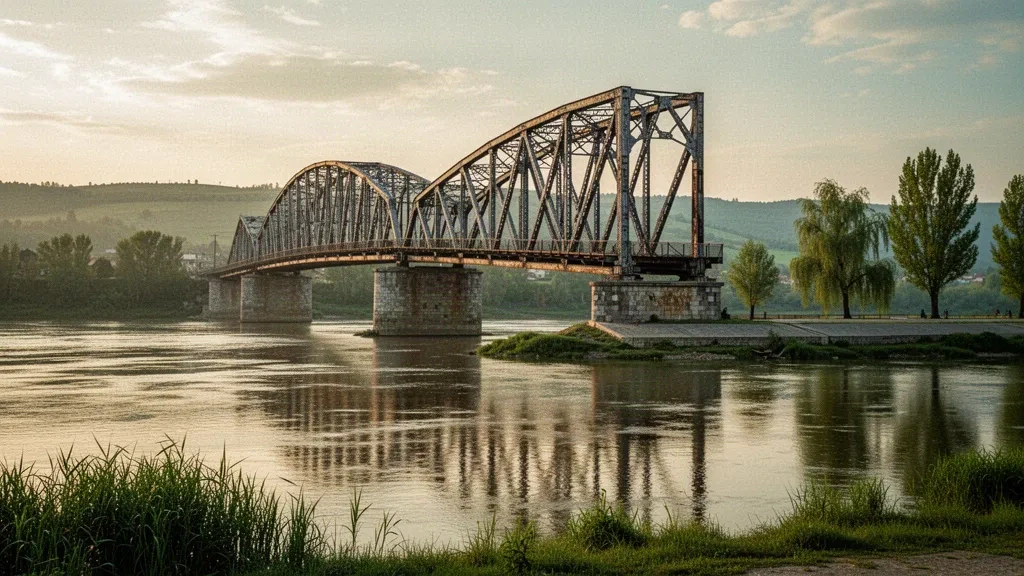 Puente ferroviario histórico de acero sobre el río Prut en Ungheni, Moldavia, visto desde la orilla del río con una cálida luz de finales de la tarde.