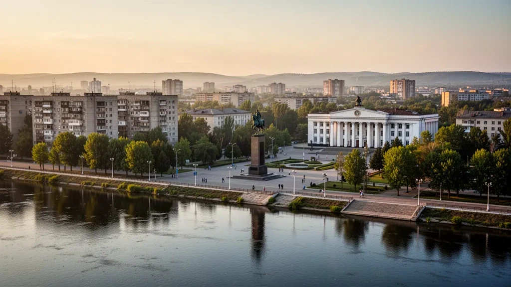 Vista de Tiráspol, Transnistria, durante la hora dorada, con el río Dniéster, arquitectura de la era soviética y un monumento ecuestre central.