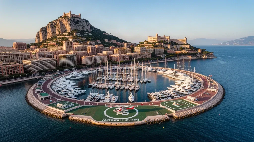 Monaco'daki Port de Fontvieille'nin havadan görünümü; lüks yatlar, helikopter pisti ve altın rengi Akdeniz ışığı altında Monaco Kayası.