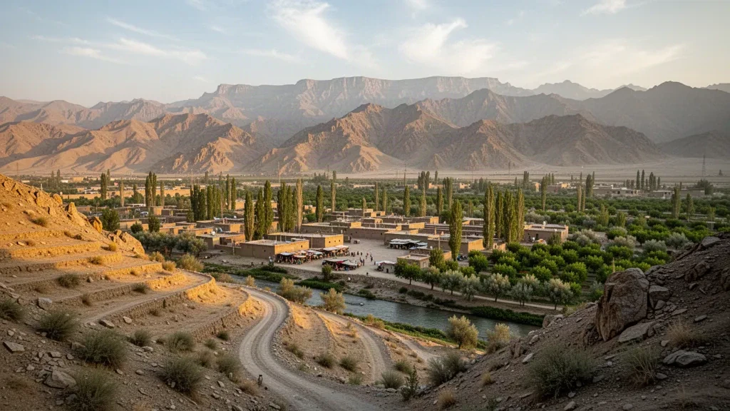 Veduta di una valle soleggiata sulla città di Tarinkot nella provincia di Uruzgan, Afghanistan, con case in mattoni di fango, frutteti e aspre creste montuose