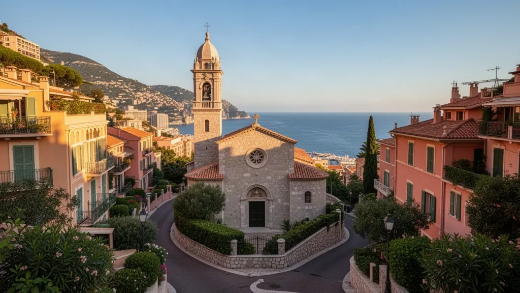 View of the Saint-Roman district in Monaco featuring its church, Mediterranean architecture, and a glimpse of the sea under golden hour light.