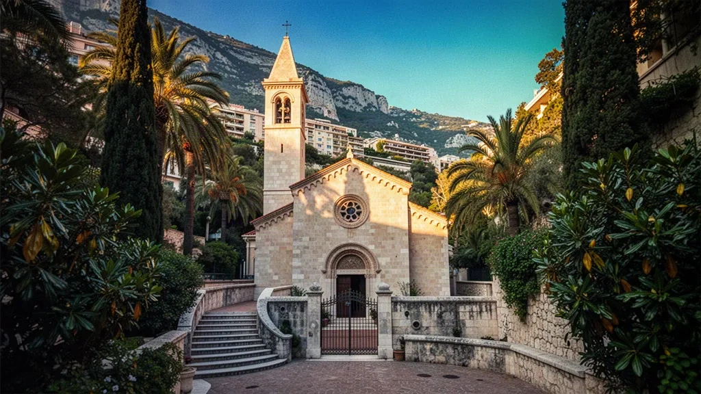 Chapel of Sainte-Dévote in Monaco, a Romanesque stone church nestled in a green ravine in the La Condamine district