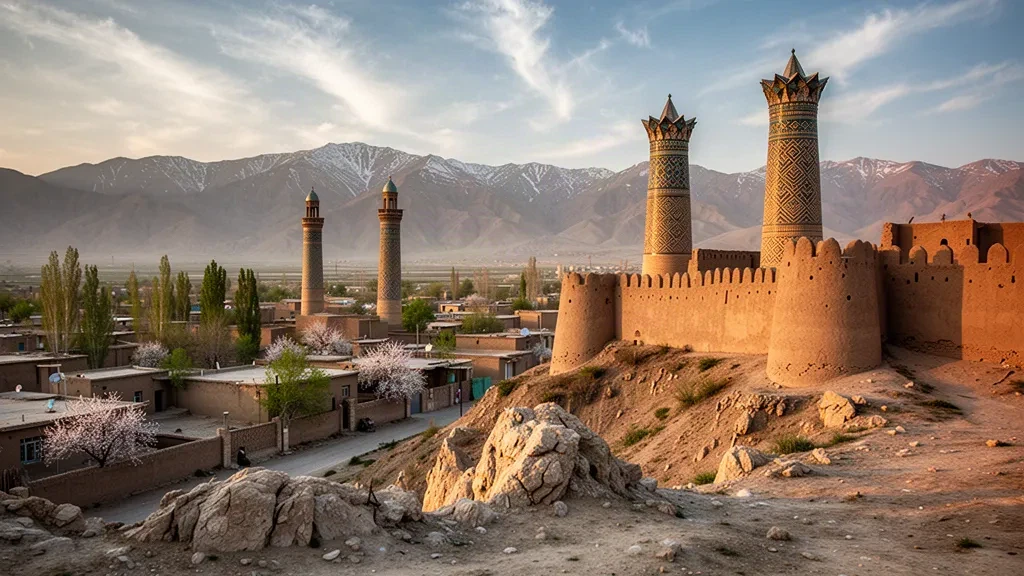 Alte Ghazni-Zitadelle aus Lehmziegeln und Minarette der Ghaznawiden aus dem 12. Jahrhundert, die im warmen goldenen Nachmittagslicht über dem afghanischen Tal aufragen