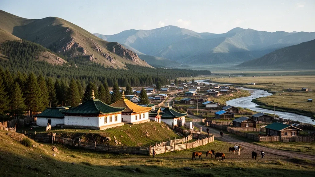 Vue élevée de Tsetserleg en Arkhangai, Mongolie, avec les toits du monastère sur une colline boisée au-dessus de la ville et les montagnes de la steppe au-delà