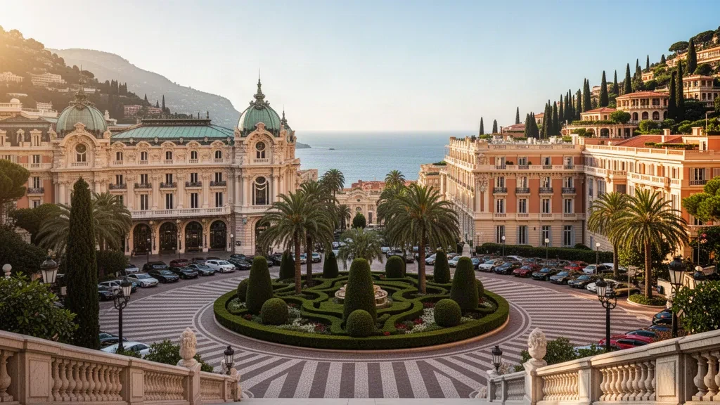 Monako'nun Monte-Carlo Spélugues bölgesinde, Akdeniz'in üzerinde sıcak ikindi ışığıyla parlayan Belle Époque cepheleri ve palmiye ağaçlı meydan