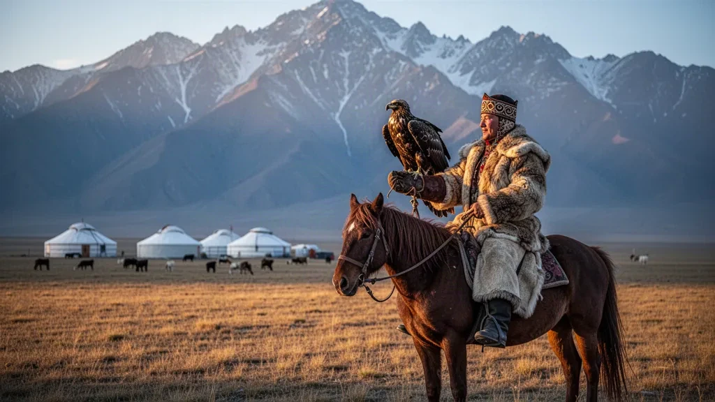 Cazador de águilas kazajo a caballo con un águila dorada ante las nevadas montañas del Altái de Bayan-Ölgii, Mongolia