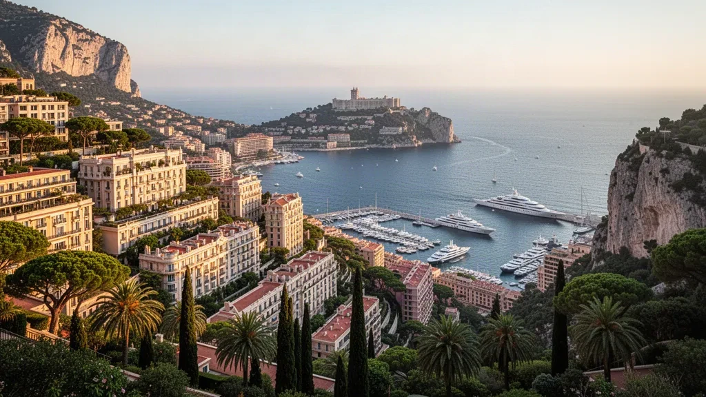 Monaco's Vallon de la Rousse hillside district above the Mediterranean, with Monte-Carlo towers, Port Hercule yachts and the Rock of Monaco beyond