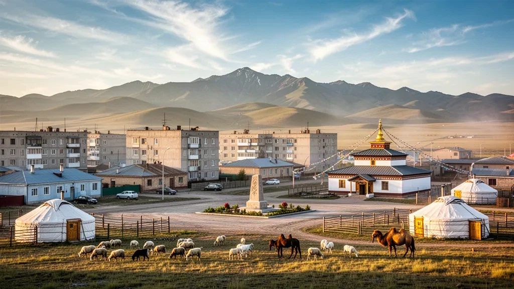 Bayankhongor, Mongolia, with low-rise city buildings, gers and grazing herds on the steppe below the Khangai mountains at golden hour
