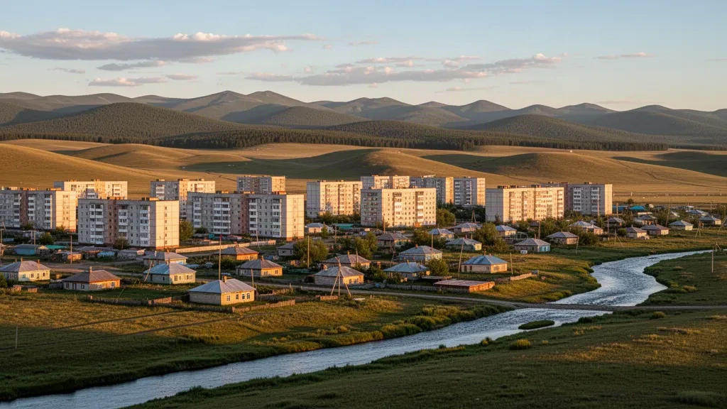 Panoramablick auf die Stadt Bulgan in der Mongolei mit niedrigen Gebäuden, dem Fluss Bulgan und sanften Steppenhügeln zur goldenen Stunde.