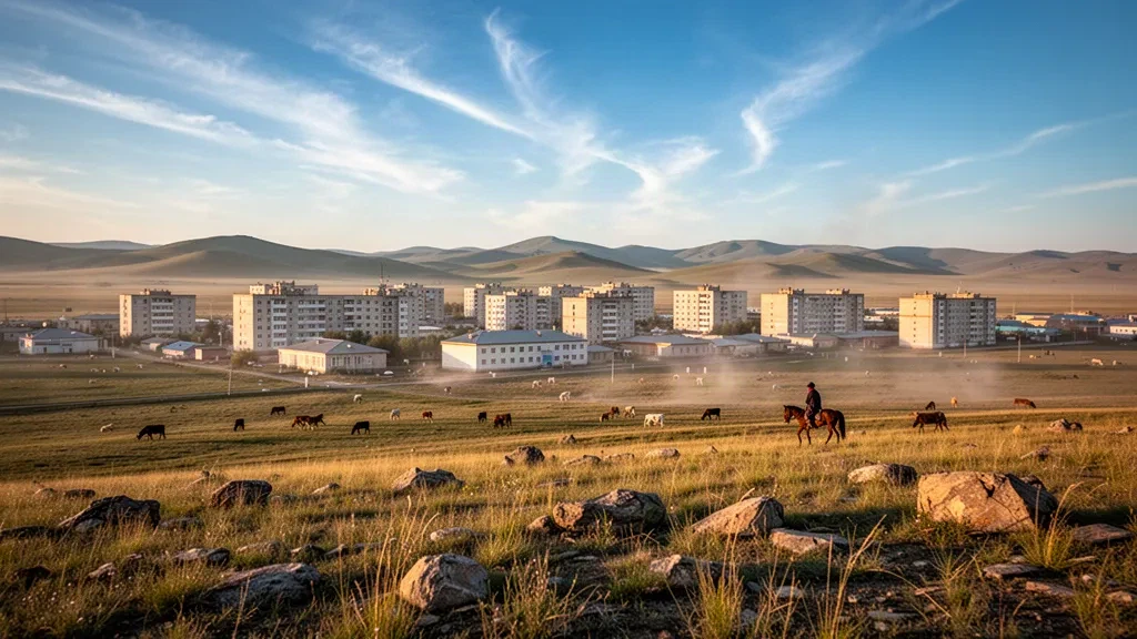 Choibalsan town on the open eastern steppe of Mongolia's Dornod province at golden hour, with low rooftops and distant hills