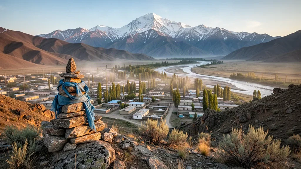 Panoramablick zur goldenen Stunde auf die Stadt Chowd im Westen der Mongolei mit dem Altai-Gebirge und dem Flusstal dahinter