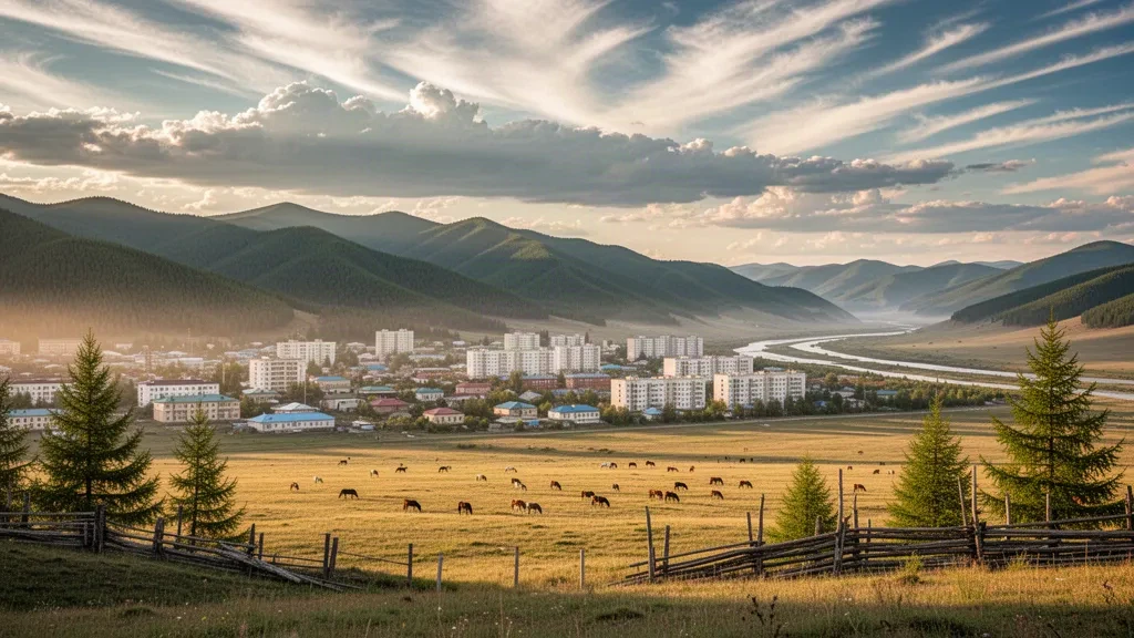 Golden-hour view over Öndörkhaan town and the open Khentii steppe in Mongolia, with forested mountains and the Onon River valley beyond.