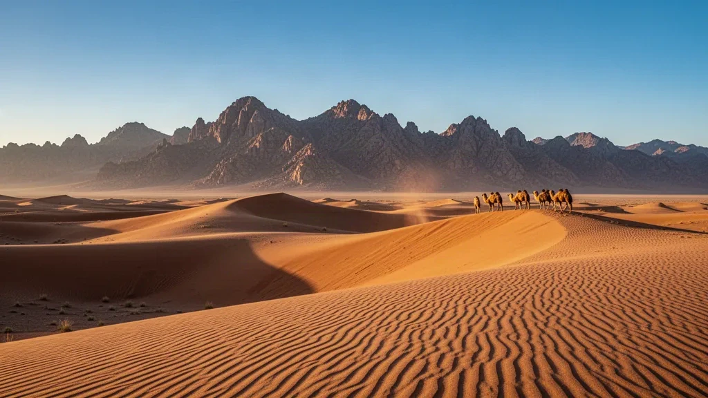 Dunas de arena de Khongoryn Els en la provincia de Ömnögovi, desierto de Gobi de Mongolia, resplandeciendo en la hora dorada