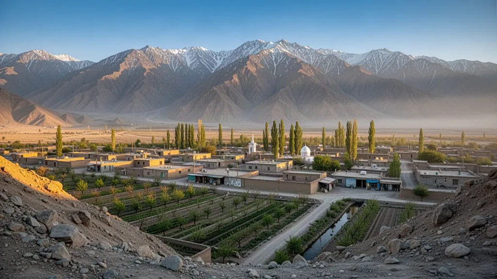 Die Stadt Maidan Shar in einem trockenen Bergtal der Provinz Wardak, Afghanistan, mit Lehmziegelhäusern und schneebedeckten Ausläufern des Hindukusch