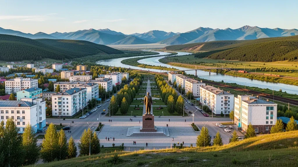 Vue panoramique en hauteur de Sükhebaatar, en Mongolie, avec la rivière Selenge, la place centrale et des collines boisées sous une lumière dorée d'après-midi.