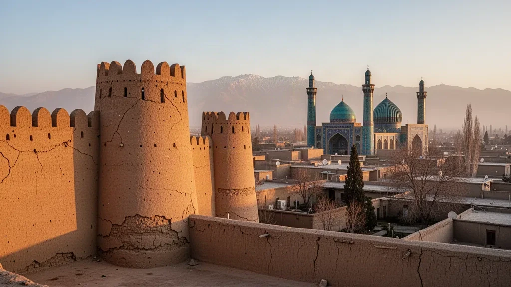 Blick zur goldenen Stunde auf die Zitadelle von Herat mit türkisfarben gefliesten Minaretten der Großen Moschee, die über der historischen Altstadt von Herat, Afghanistan, aufragen