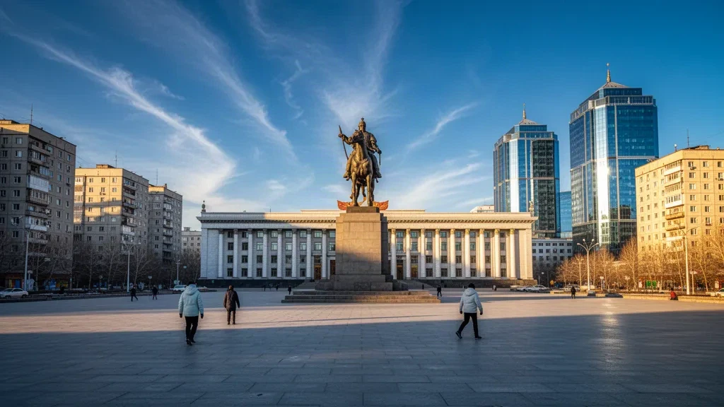 Place Sükhebaatar à Oulan-Bator, en Mongolie, avec la statue équestre de Gengis Khan, le bâtiment gouvernemental à colonnades et la skyline moderne à l'heure dorée