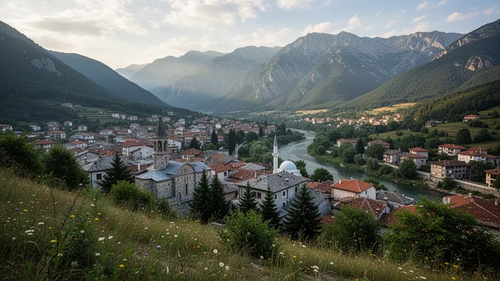 Vista panorámica de Berane, Montenegro, con los tejados de la localidad en el valle del Lim y crestas montañosas boscosas bajo una cálida luz de tarde.